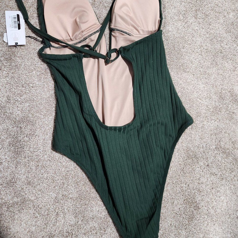 Women's Ribbed Plunge Front V-Wire One Piece Swimsuit - Shade & Shore Dark Green - Picture 8 of 8